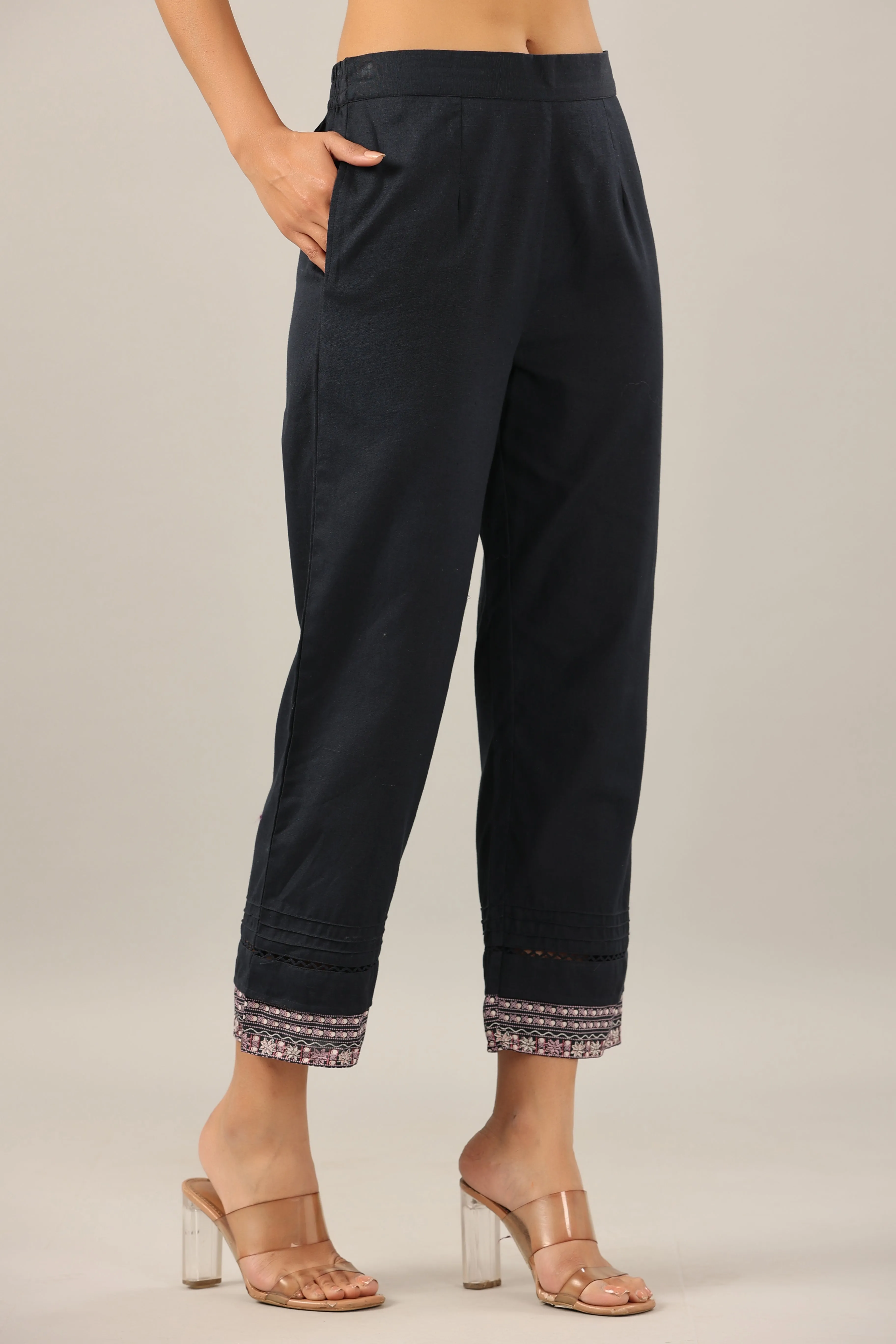 Women Navy Blue Cotton Flex Solid Pant