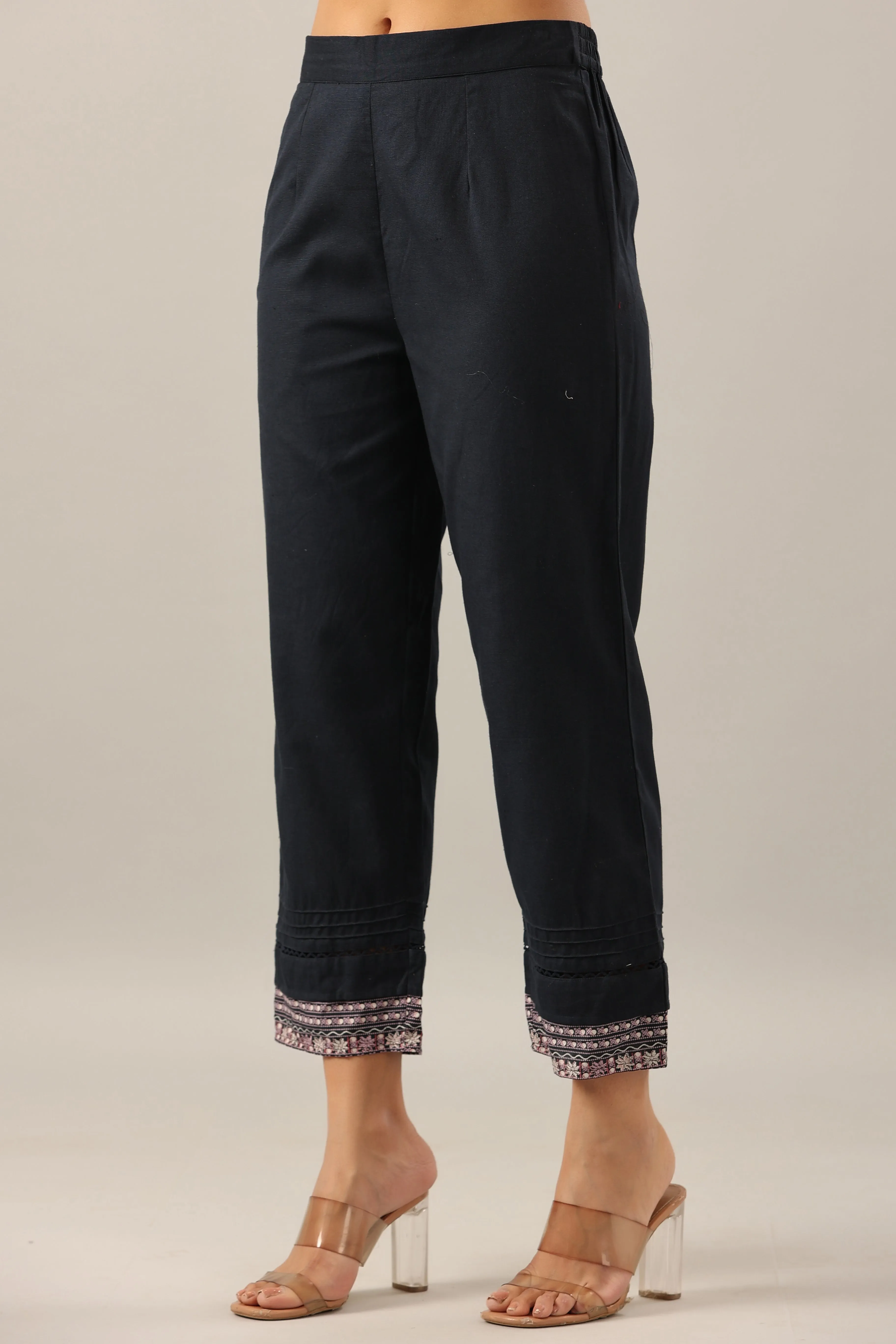 Women Navy Blue Cotton Flex Solid Pant