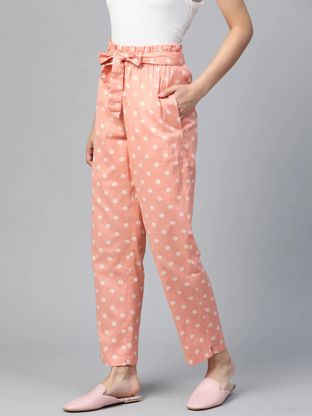 Women Peach Floral Tapered Belted Pants