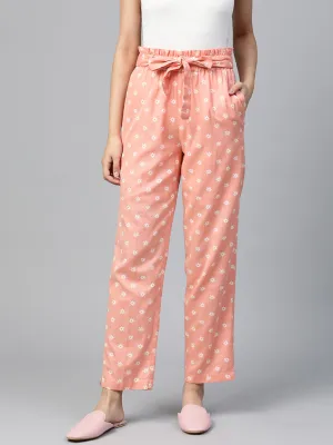 Women Peach Floral Tapered Belted Pants