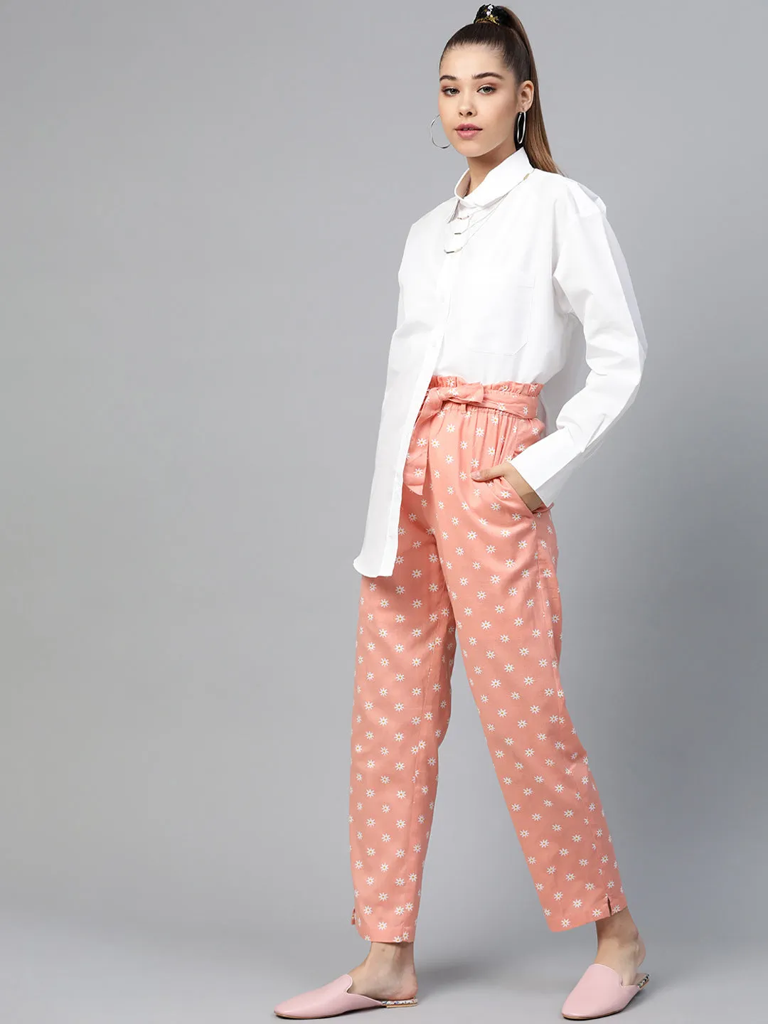 Women Peach Floral Tapered Belted Pants