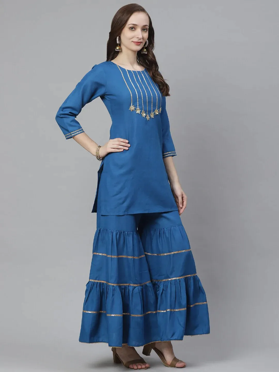 Women'S Teal Blue Gotta Patti Yoke Design Kurta With Sharara