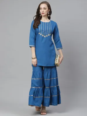 Women'S Teal Blue Gotta Patti Yoke Design Kurta With Sharara