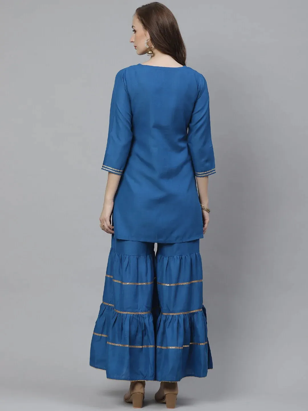 Women'S Teal Blue Gotta Patti Yoke Design Kurta With Sharara