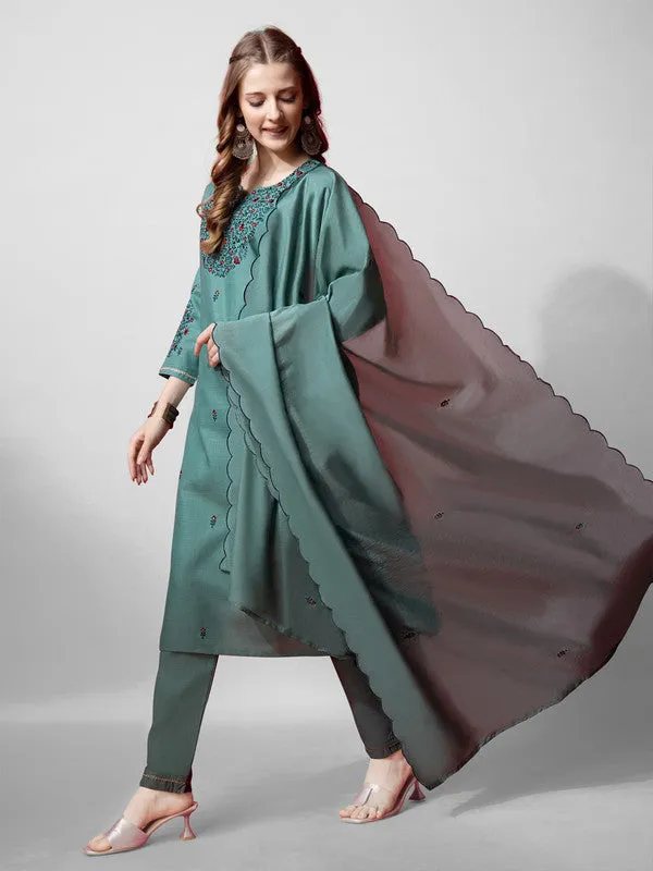 Womens Teal Embroidered Cotton Blend Kurta Pant Set With Dupatta