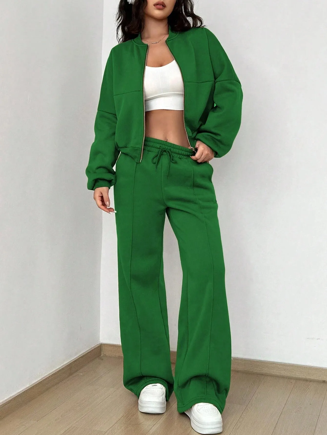 Women's Zip-up Slim Fit Elastic Two-piece Outfit Set