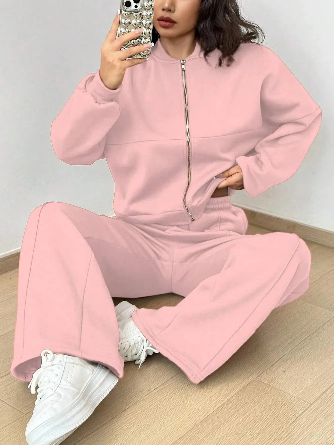 Women's Zip-up Slim Fit Elastic Two-piece Outfit Set