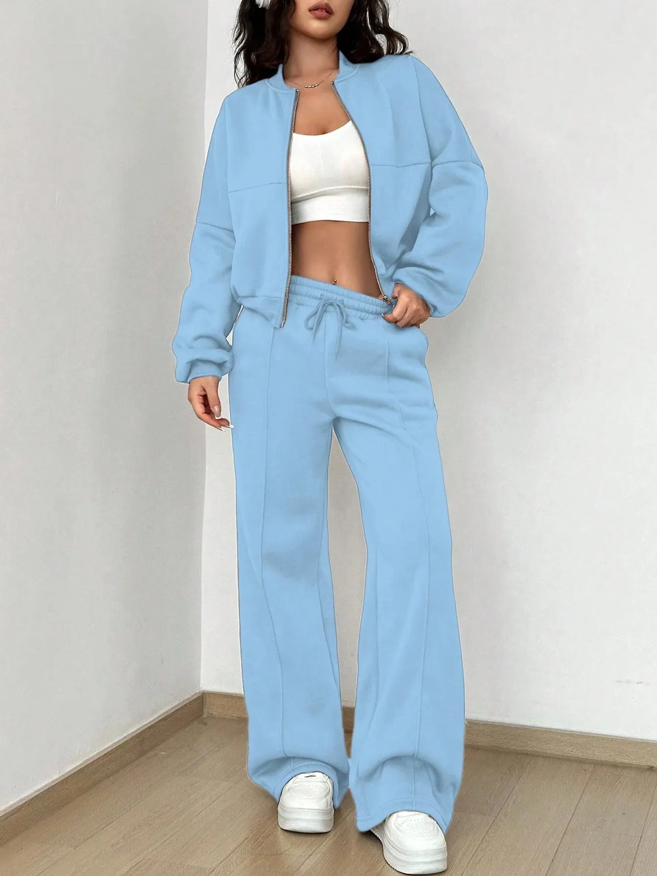 Women's Zip-up Slim Fit Elastic Two-piece Outfit Set