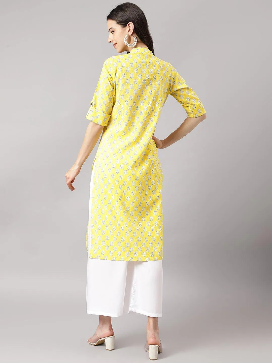 Yellow Cotton Katha Work Straight Kurta