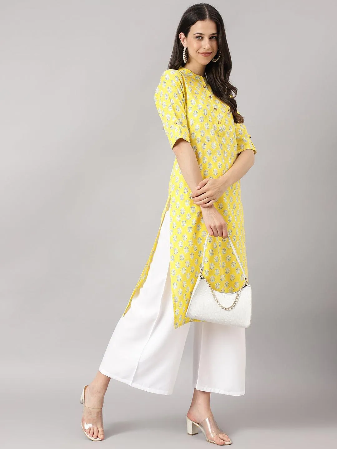 Yellow Cotton Katha Work Straight Kurta