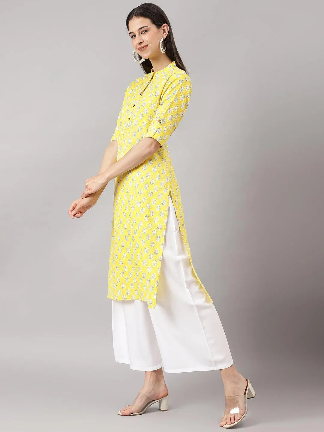 Yellow Cotton Katha Work Straight Kurta