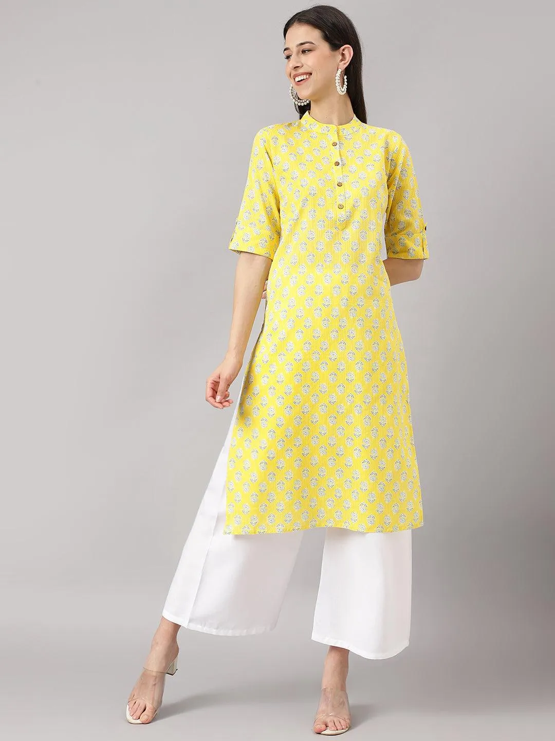 Yellow Cotton Katha Work Straight Kurta