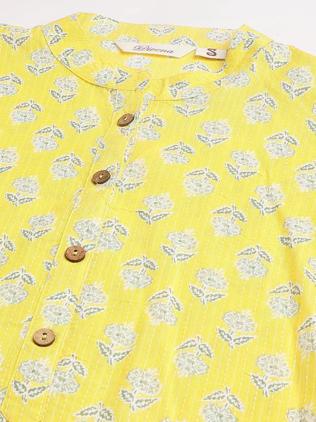 Yellow Cotton Katha Work Straight Kurta