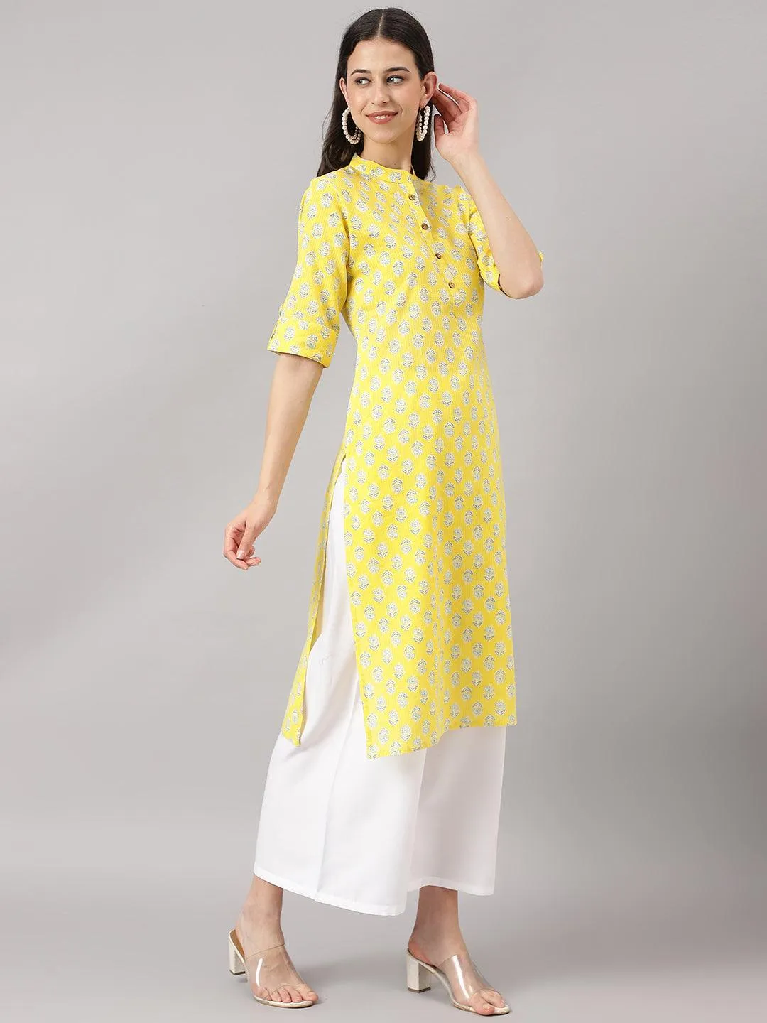 Yellow Cotton Katha Work Straight Kurta